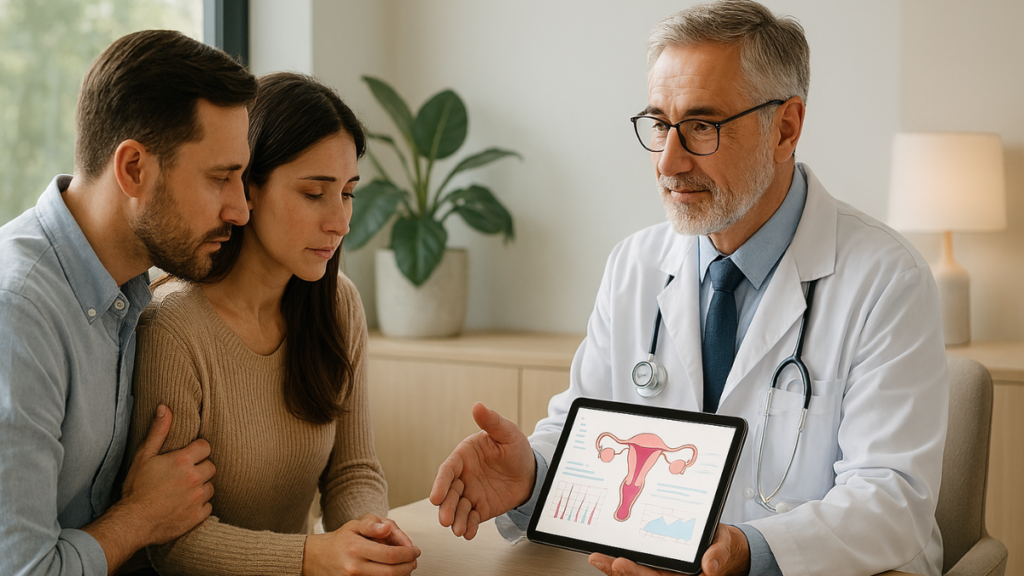Dr. Shabnam Rahman explaining infertility treatment options to a couple using a digital medical diagram.
