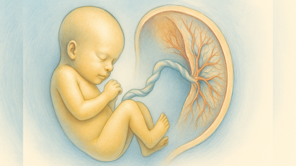 A detailed medical illustration of a developing fetus for our Healthy Pregnancy Guide by Dr. Shabnam Rahman