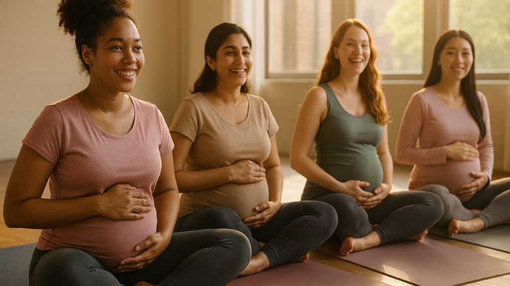 A diverse group of expectant mothers following a Healthy Pregnancy Guide for better maternal health awareness.