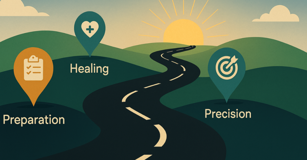 Surgical roadmap showing phases of preparation, precision, and healing for gynaecological surgery