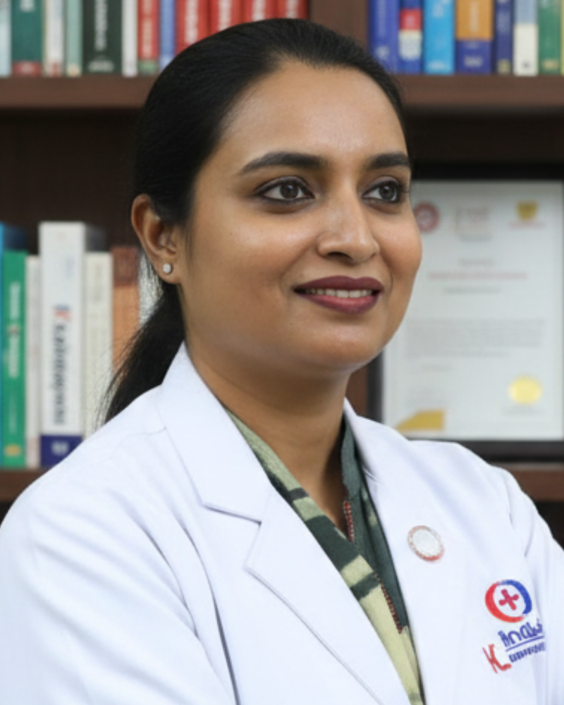 Dr. Shabnam Rahman, Ex-Major and Gynecologist, standing confidently in front of medical books and diplomas, representing 15+ years of clinical experience and authority in women's health.