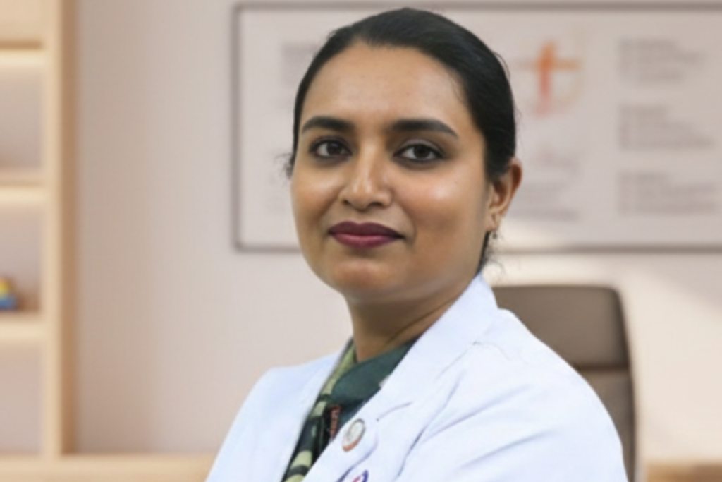 Dr. Shabnam Rahman, Ex-Major and Gynecologist, standing confidently in front of medical books and diplomas, representing 15+ years of clinical experience and authority in women's health.