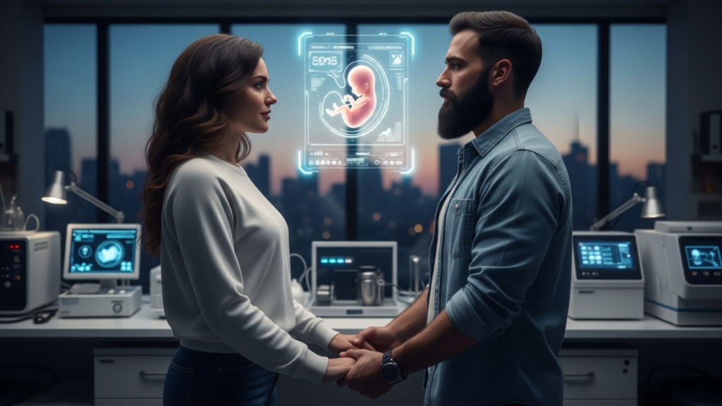 Modern Infertility Myths vs. Facts guide showing a hopeful couple with a digital embryo.