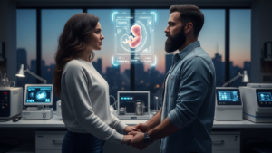 Modern Infertility Myths vs. Facts guide showing a hopeful couple with a digital embryo.