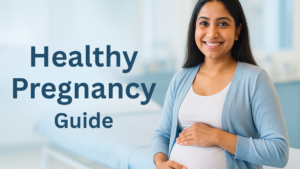 A smiling pregnant woman representing a Healthy Pregnancy Guide by Dr. Shabnam Rahman for expectant mothers.